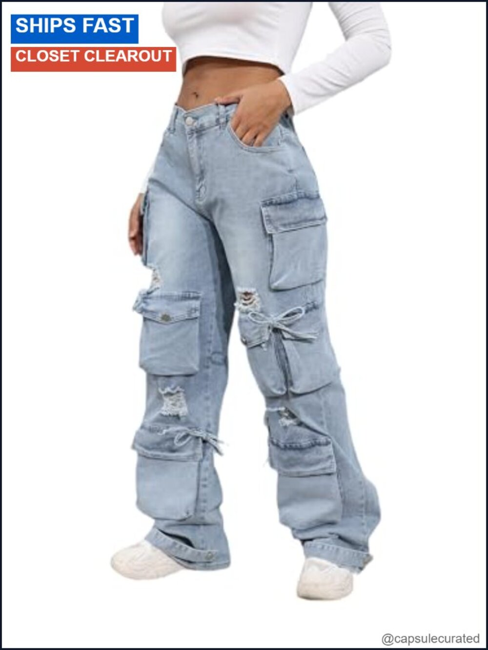 Women's Baggy Cargo Jeans High Waist Wide Leg Denim Pants with Pockets